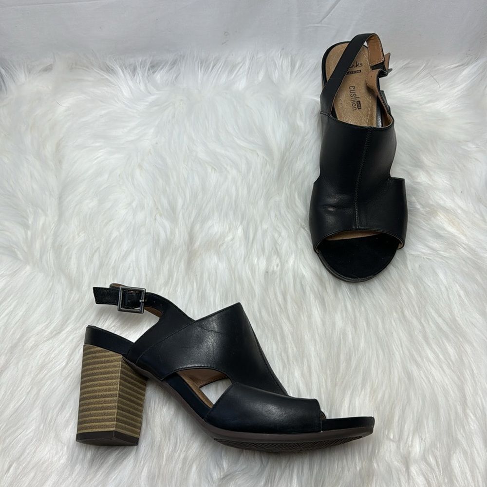 Clarks Collection Banoy Verona Black Leather Block Heel‎ Slingback Sandals Sz 9